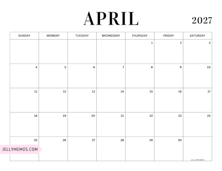 april 2027 simple calendar
