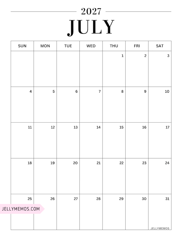 july 2027 simple calendar