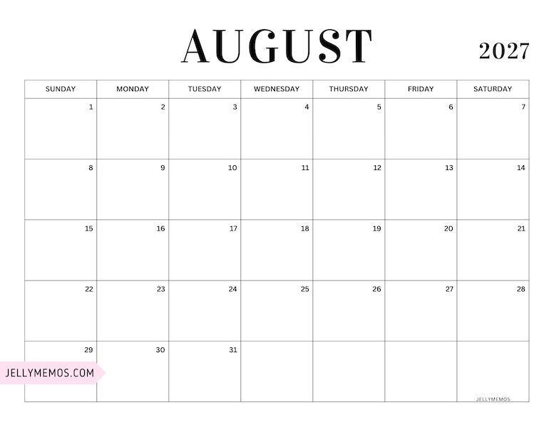august 2027 simple calendar