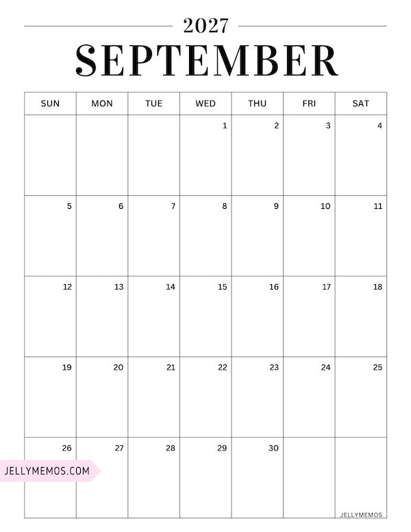 september 2027 simple calendar