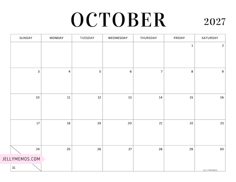 october 2027 simple calendar