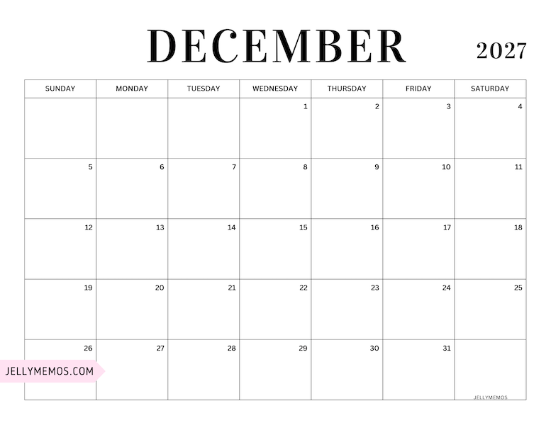 december 2027 simple calendar
