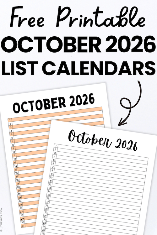 Printable October 2026 List View Calendar Templates