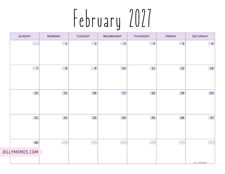 february 2027 purple calendar