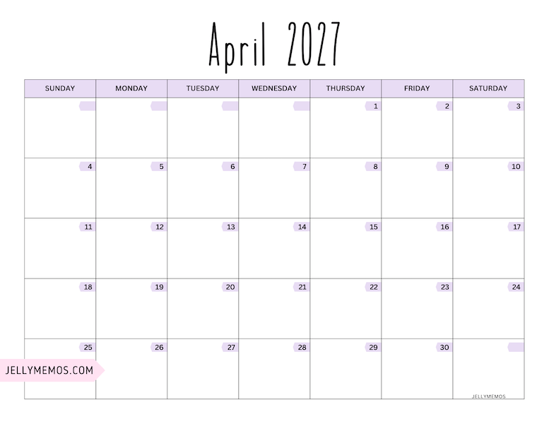 april 2027 purple calendar