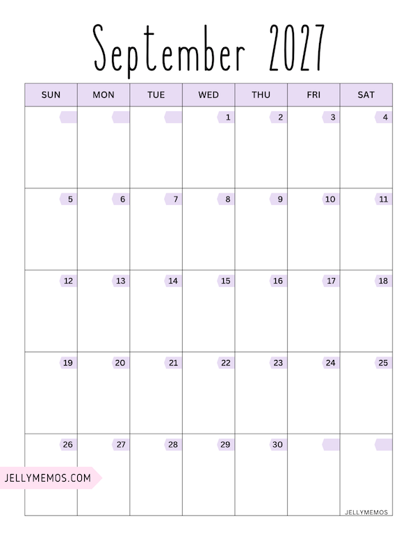 september 2027 purple calendar