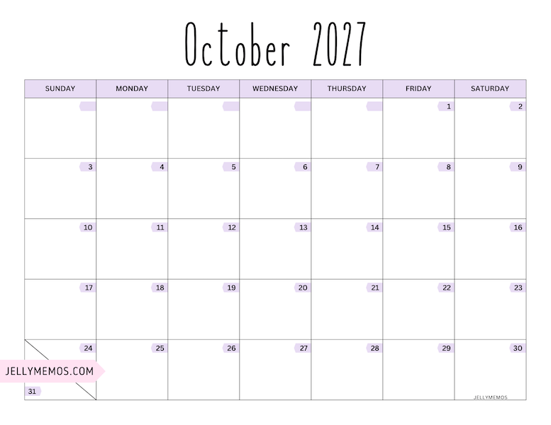 october 2027 purple calendar