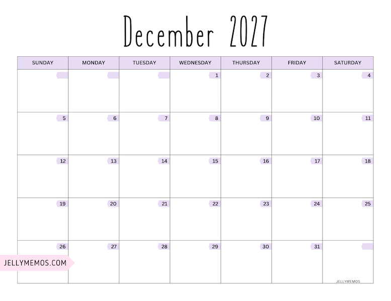 december 2027 purple calendar