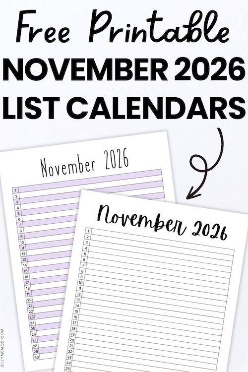 Printable November 2026 List View Calendar Templates
