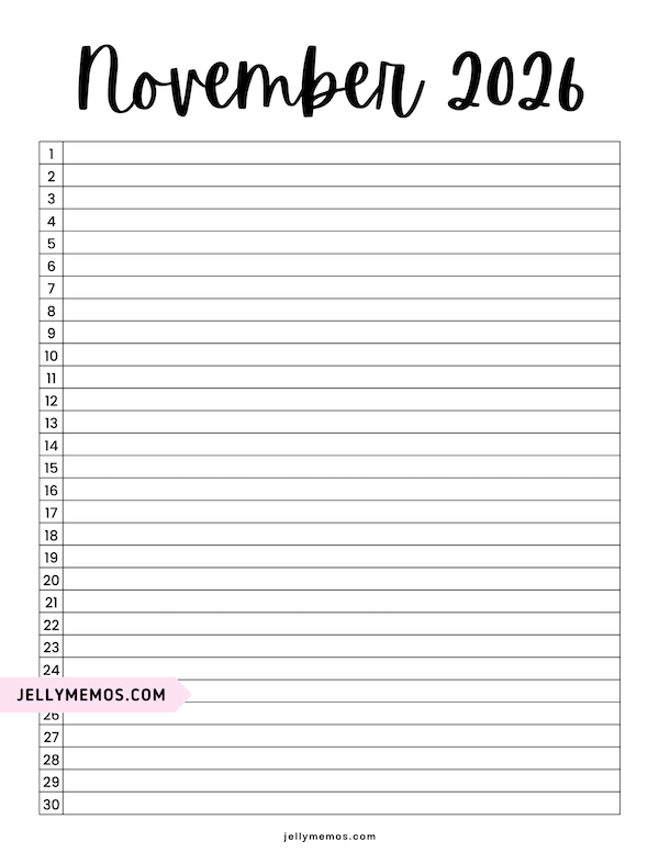 minimalist November 2026 list view calendar