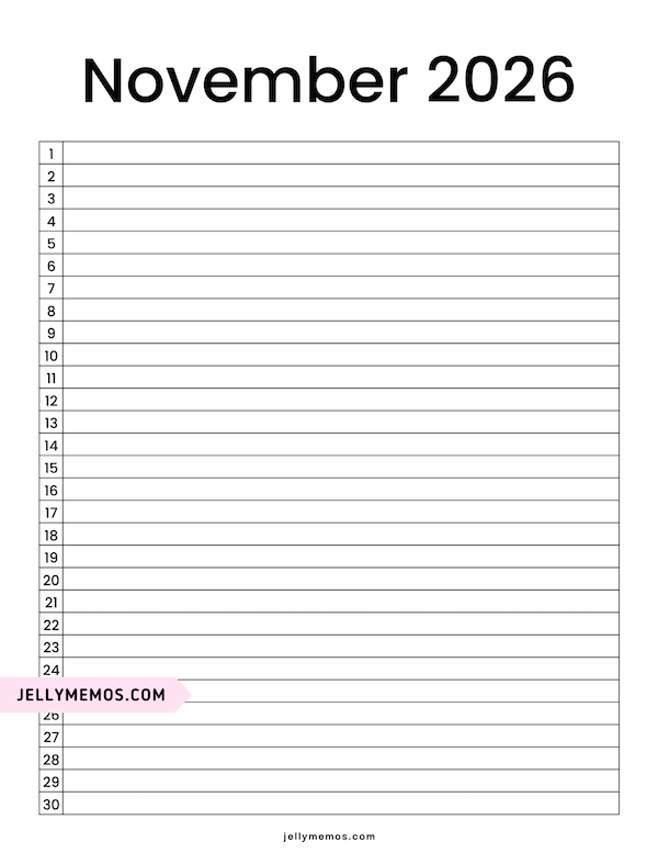 minimal November 2026 list view calendar