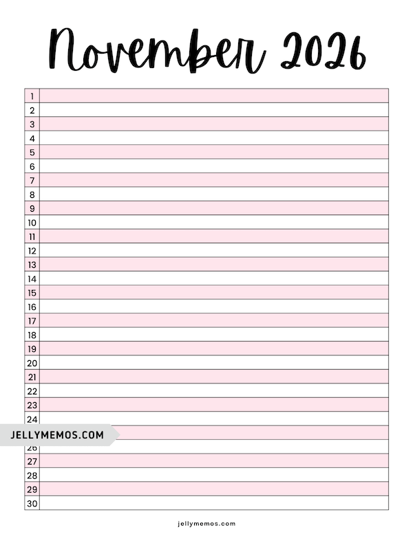 pink November 2026 list view calendar