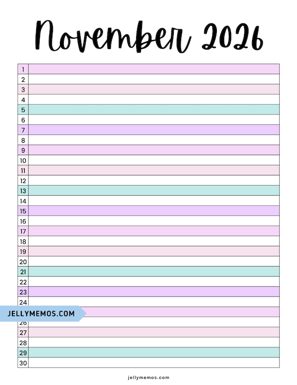 cute November 2026 list view calendar