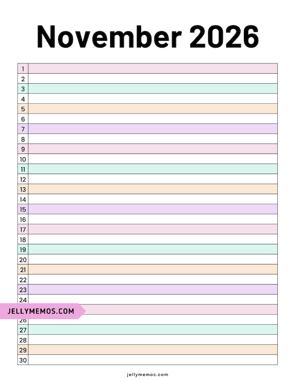 pretty November 2026 list view calendar