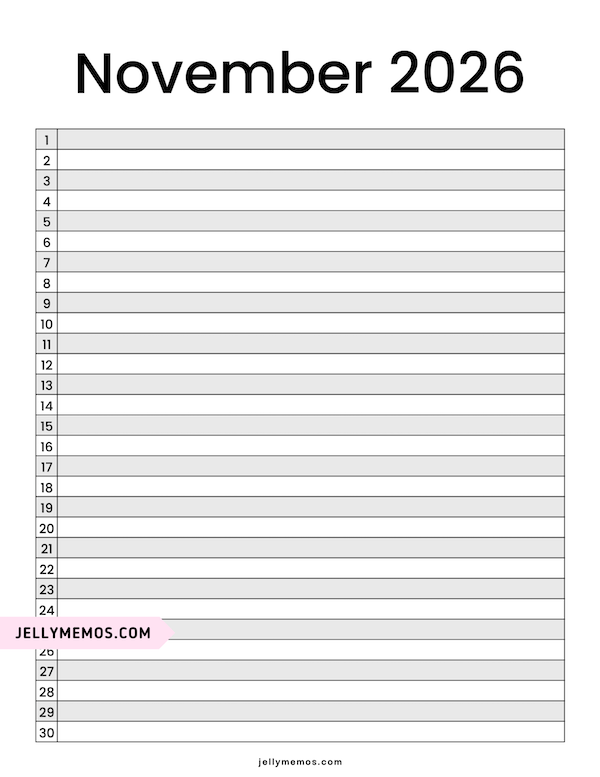 simple November 2026 list view calendar