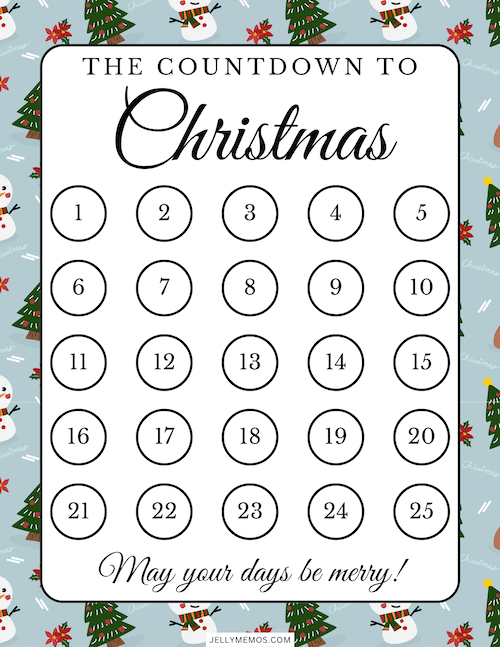 25 day christmas countdown with cartoon christmas trees and snowmen around the border