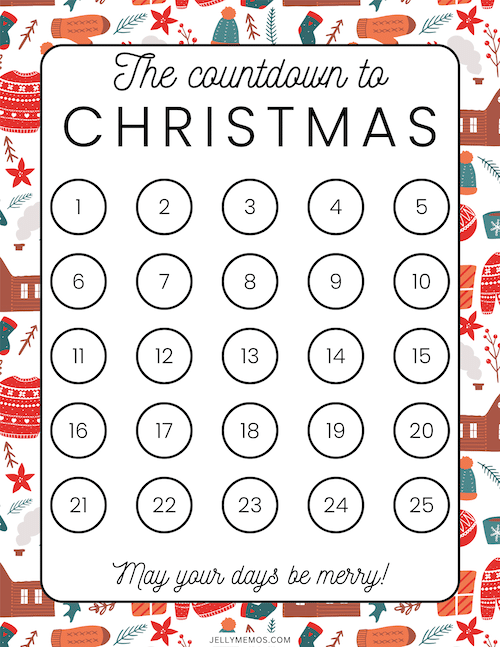 25 day christmas countdown with cartoon festive sweaters and houses around the border