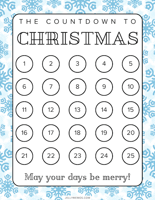 25 day christmas countdown with cartoon blue snowflakes around the border